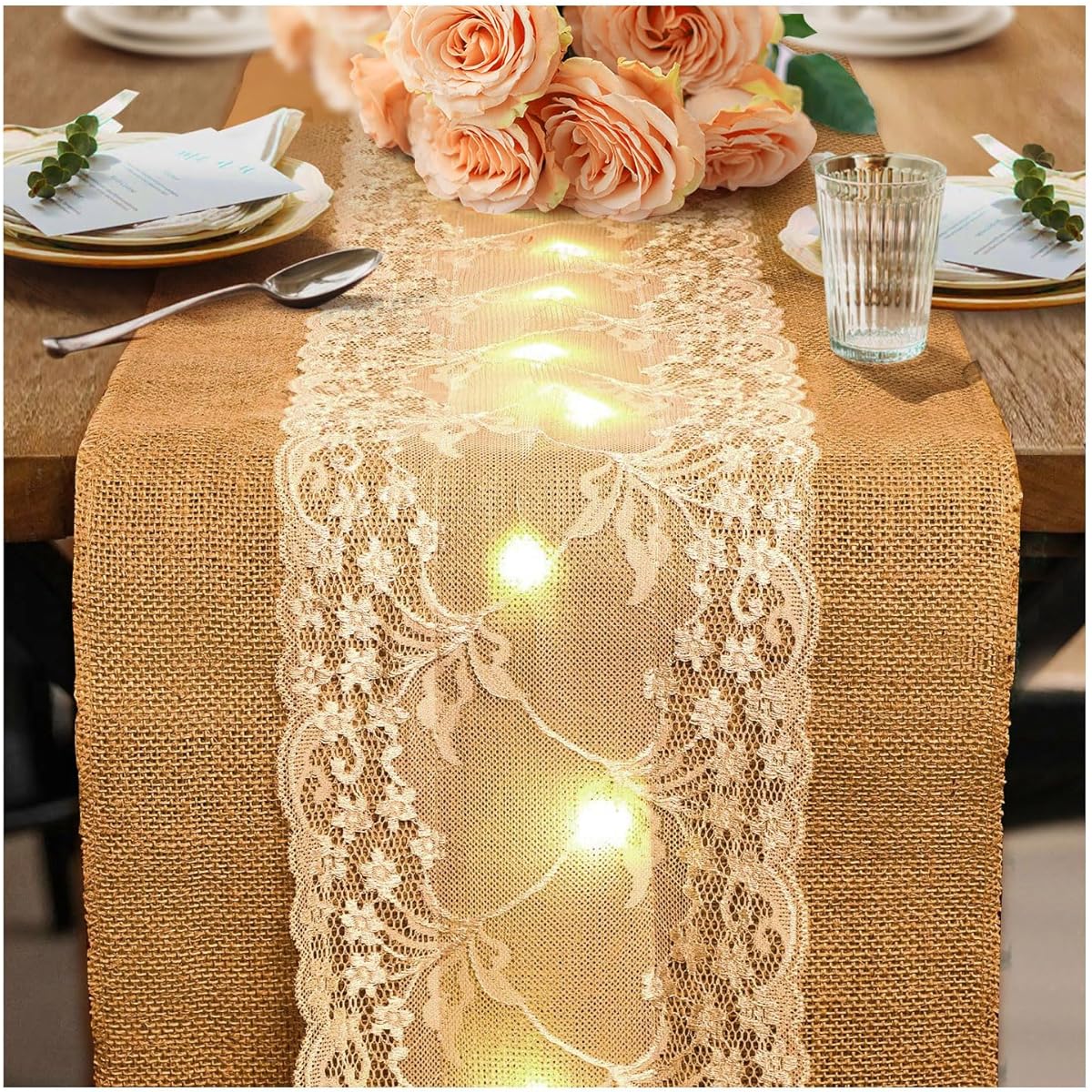 boyspringg Burlap Table Runner Wedding Burlap Lace Table Runner 12x108 Inch Burlap Table Runner with LED Rustic Jute Country Thanksgiving Christmas Baby Party (1 Pack, LED)