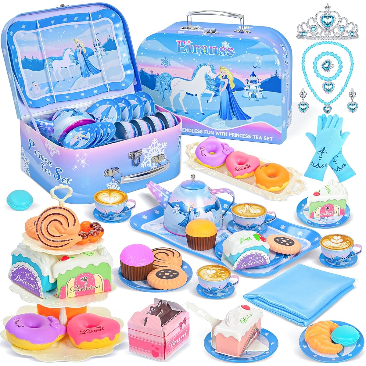 Tea Party Set for Little Girls - 51 Piece Tin Princess Unicorn Frozen Tea Time Toy & Luxury Food Playset & Princess Dress Up Accessories & Carry Case Kitchen Pretend Play Ages 3-10