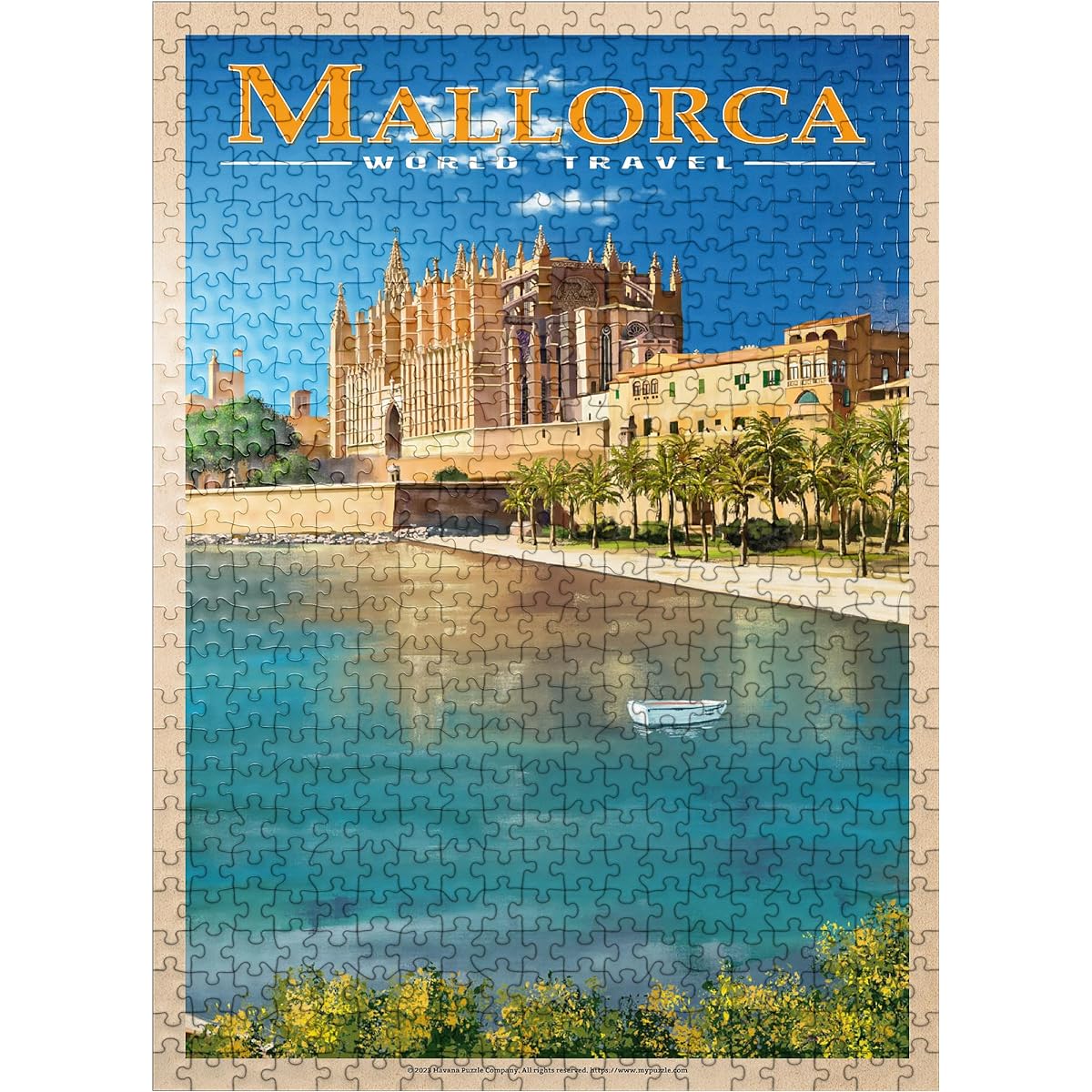 MyPuzzle Palma de Mallorca, Spain - Enchanting Cathedral of Santa Maria by the Sea Vintage Travel Poster - Premium 500 Piece Jigsaw Puzzle for Adults