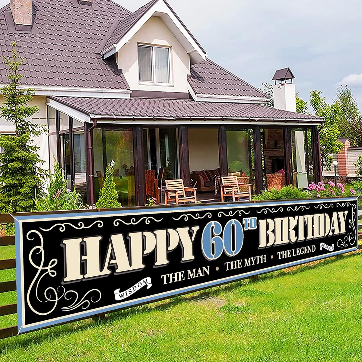 Extra Large Happy 60th Birthday Banner, Black 640th Birthday Party Sign for Man Father Grandfather, 60th Birthday/Anniversary Party Decorations Yard Signs Supplies (10 x 1.5 ft)