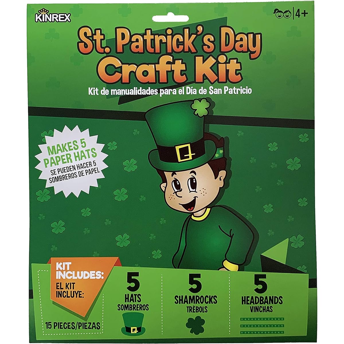 KINREX St. Patrick's Day Craft Kit Paper Hat Crafts for Kids with 5 Hats and 5 Shamrocks, Total 15 Pieces