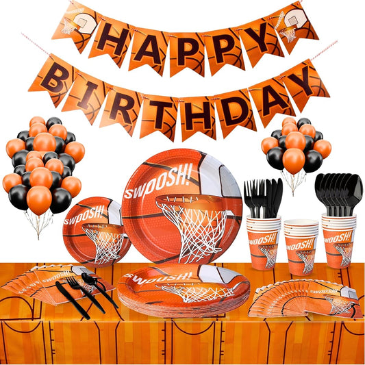 102-Piece Basketball Party Supplies Set - Banner, Plates, Cups, Napkins, Tablecloth - Serves 25