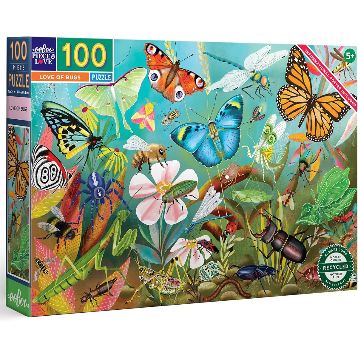 eeBoo: Love of Bugs - 100 Piece Puzzle - 24 x 16 Jigsaw for Kids, Shiny Pieces, Ages 5+
