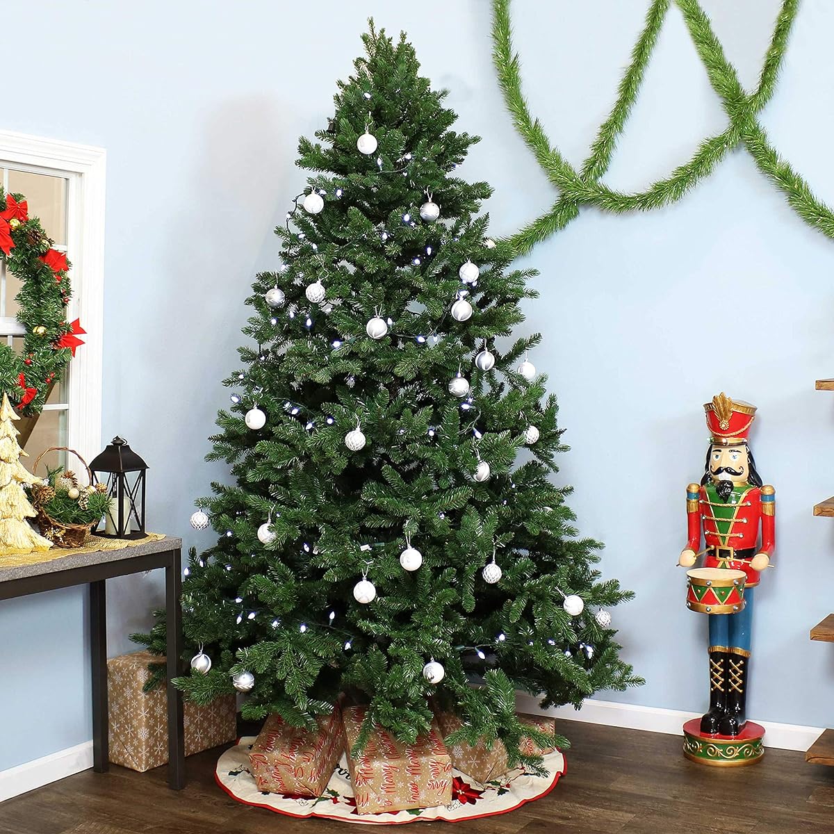 Sunnydaze Majestic Pine 8' Christmas Tree - Indoor Unlit PVC Artificial Tree with Metal Stand - Hinged Branches - Full Profile - Easy to Assemble