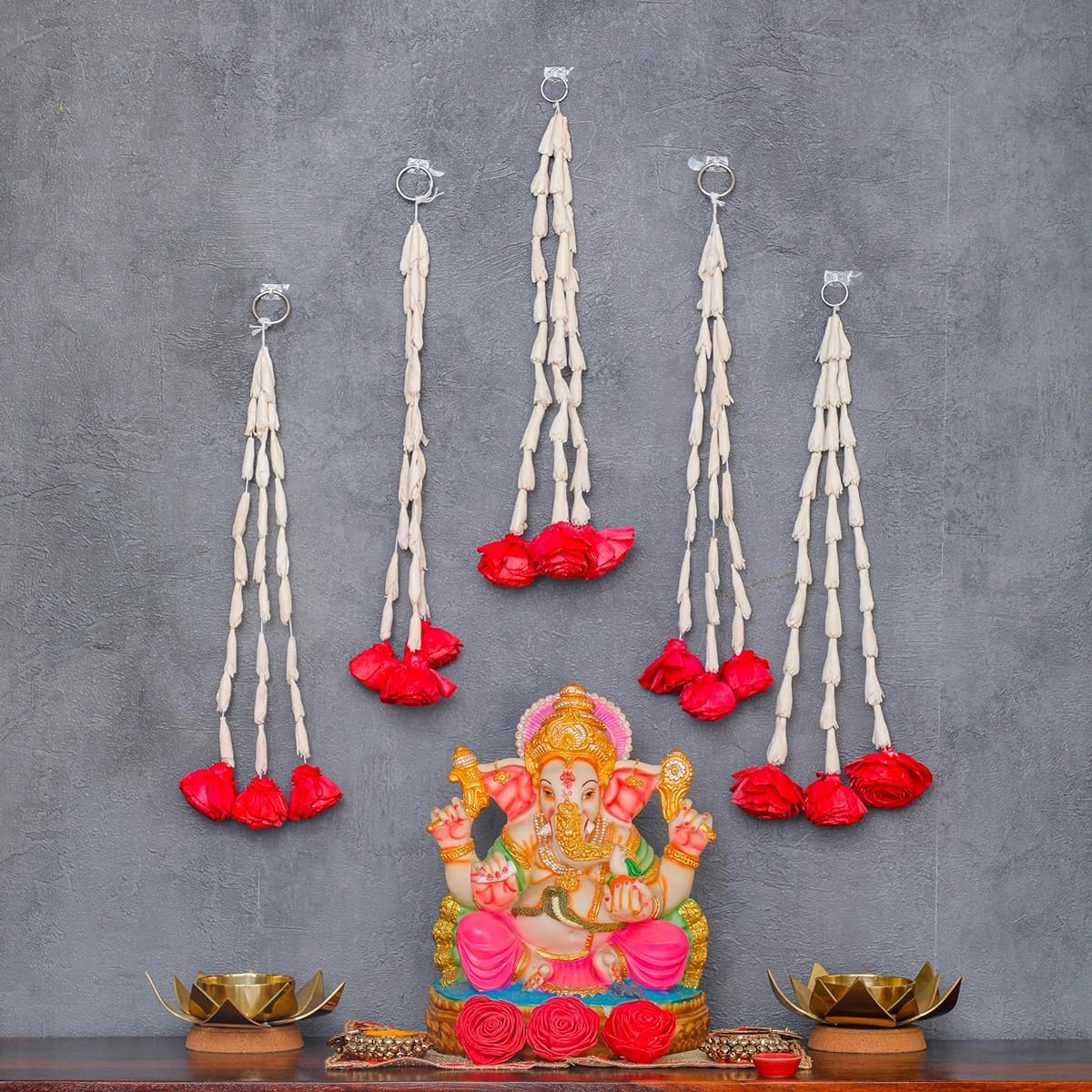 Desi Favors Lily with Rose Garland for Diwali Decorations - Lily Rose Hanging - Artificial Garland for Indian Diwali, Puja, Wedding, Mehendi, Haldi Backdrop Decoration - 1 ft (2 Rings and 6 Strings)