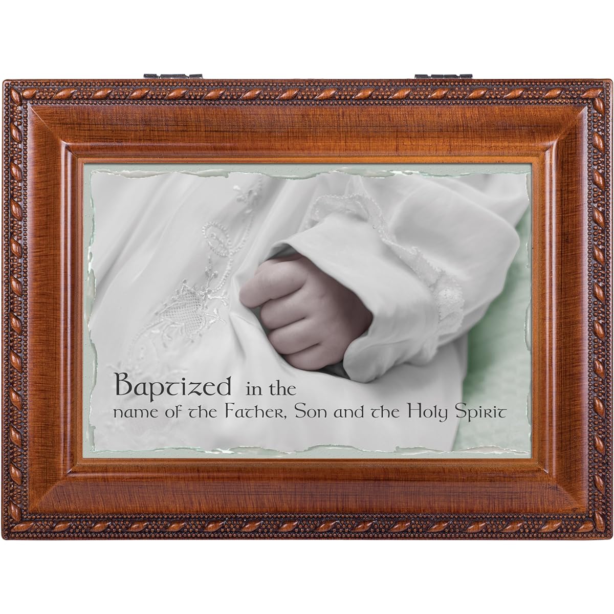 Baptized in the Name Baby Wood Finish Jewelry Music Box Plays Jesus Loves Me