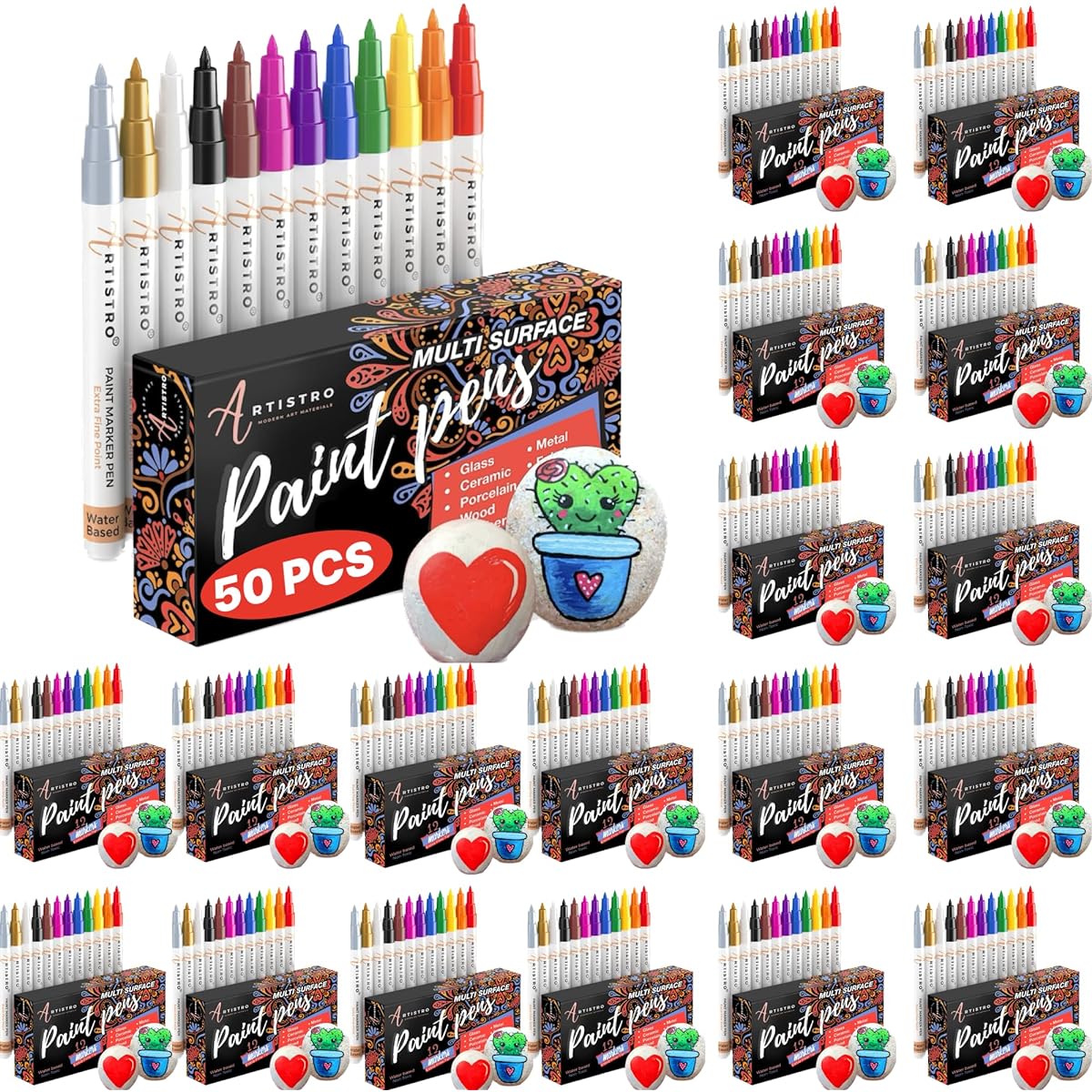 ARTISTRO 50 Pack Wholesale Paint Pens for Rock Painting, Stone, Ceramic, Glass, Wood, Canvas, Acrylic Paint Markers, Set of 12, Extra Fine Tip, 12 Markers Per Box (Pack of 50)