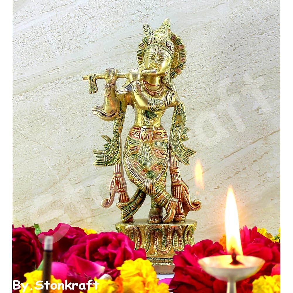 StonKraft - Krishna Kishan Ladhu Gopal Kanha Makhan Chor Murti Idol Statue Sculpture - Brass - 9" - Colored Krishna 9" Multicolor