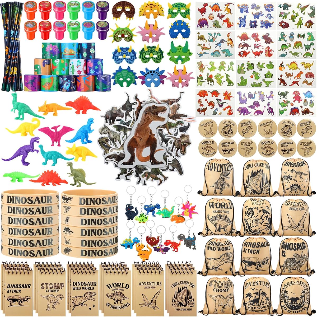 139pcs Dinosaur Party Favors Silicone Wristband Dinosaur Figure Mask Badge Note Drawstring Backpack Keychain Slap Bracelet Pencil Tattoo Dinosaur Toy Stamp Dinosaur Sticker
