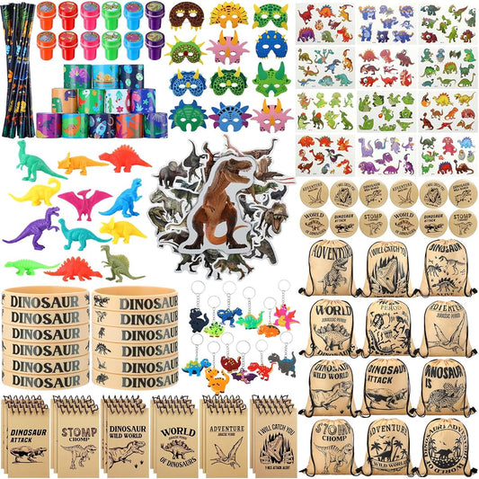 139pcs Dinosaur Party Favors Silicone Wristband Dinosaur Figure Mask Badge Note Drawstring Backpack Keychain Slap Bracelet Pencil Tattoo Dinosaur Toy Stamp Dinosaur Sticker