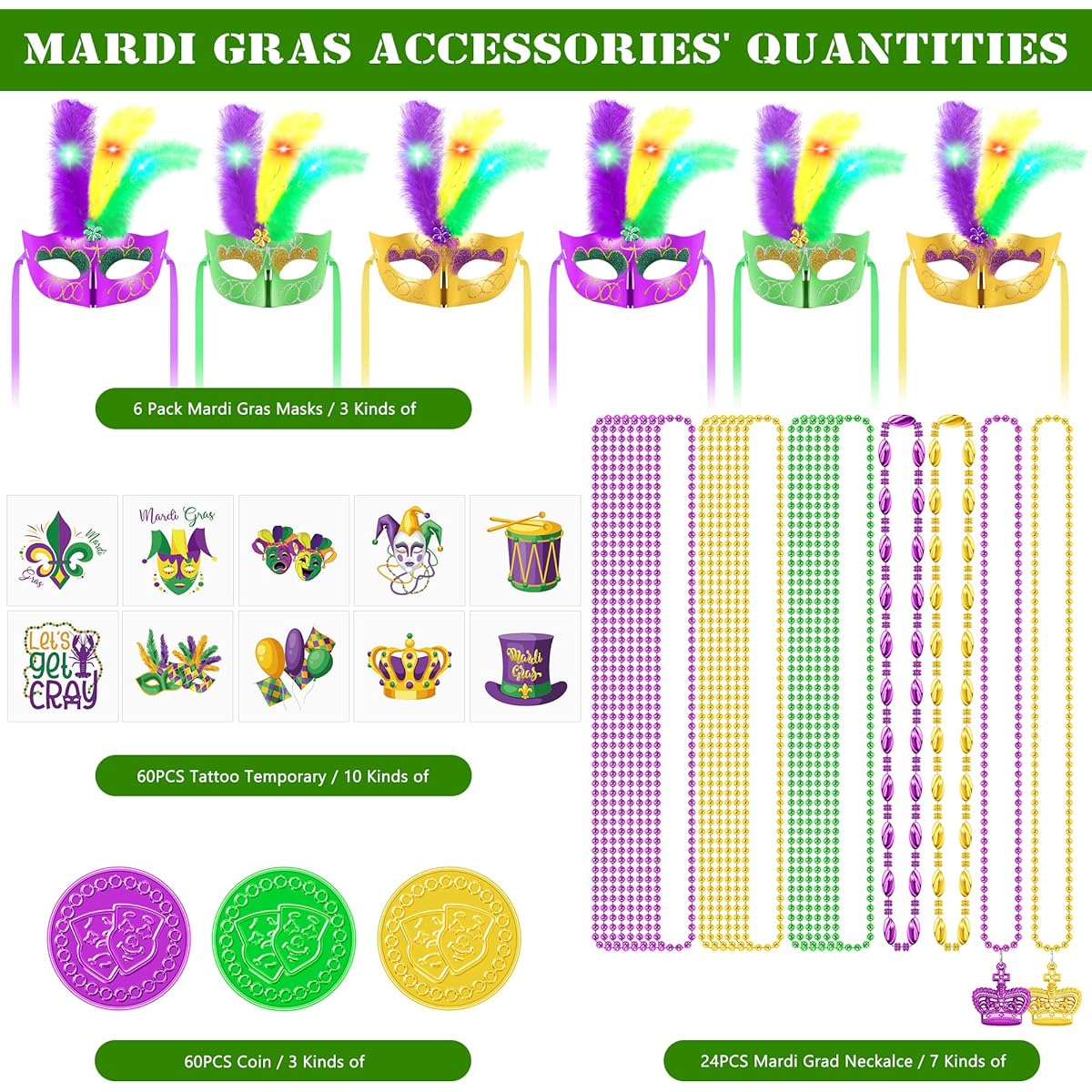 EOBOH Mardi Gras 24 Piece Necklace Set, 60 Coins, 60 Tattoos