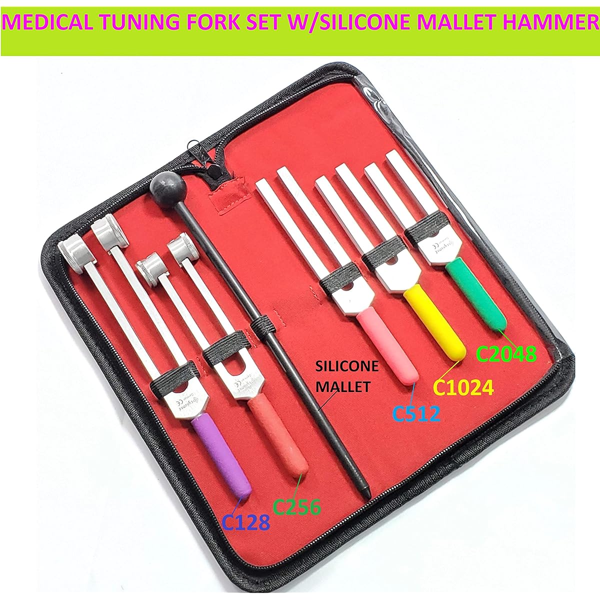 CYNAMED Tuning Fork Set - Tuning Fork Weight Aluminum Clinical Grade Neuro/Sensory Silicone Hammer Non-Slip Better Grip Color Coded Handle