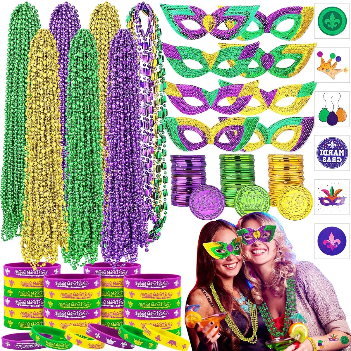 Wettarn 246pcs Mardi Gras Party Accessories Bulk Party Favors - 42pcs Mardi Gras Beads, 100pcs Coins, 8pcs Masks, 24pcs Rubber Bracelets, 72pcs Tattoos for Mardi Gras Parade Masquerade Party