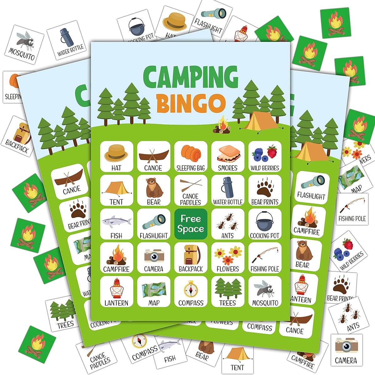 Camping Bingo Game, Camping Game, Bingo Card for Kids, School Party, Birthday, Outdoor Game, Camping Activities, Nature Party Supplies, Decoration, Serves 24, Bingo Game (A05)