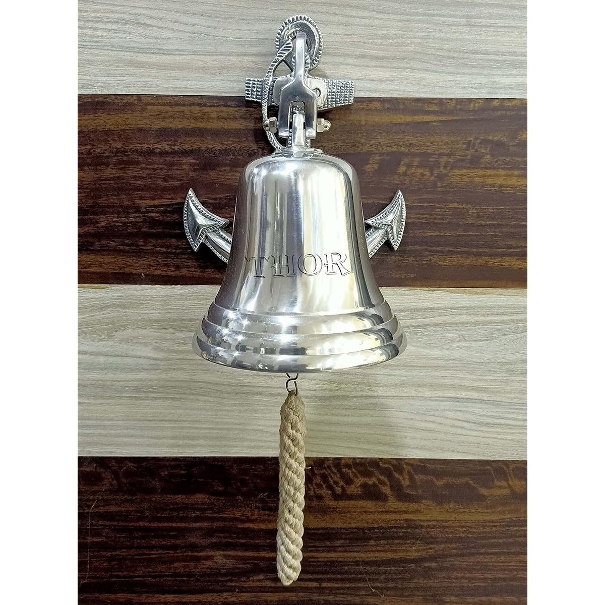 Wall Hanging Ship Bell Dinner Bell Indoor/Outdoor Nautical Decorative Bell with Rope (D-7" H-10" Silver Finish) Halloween Decoration Costume