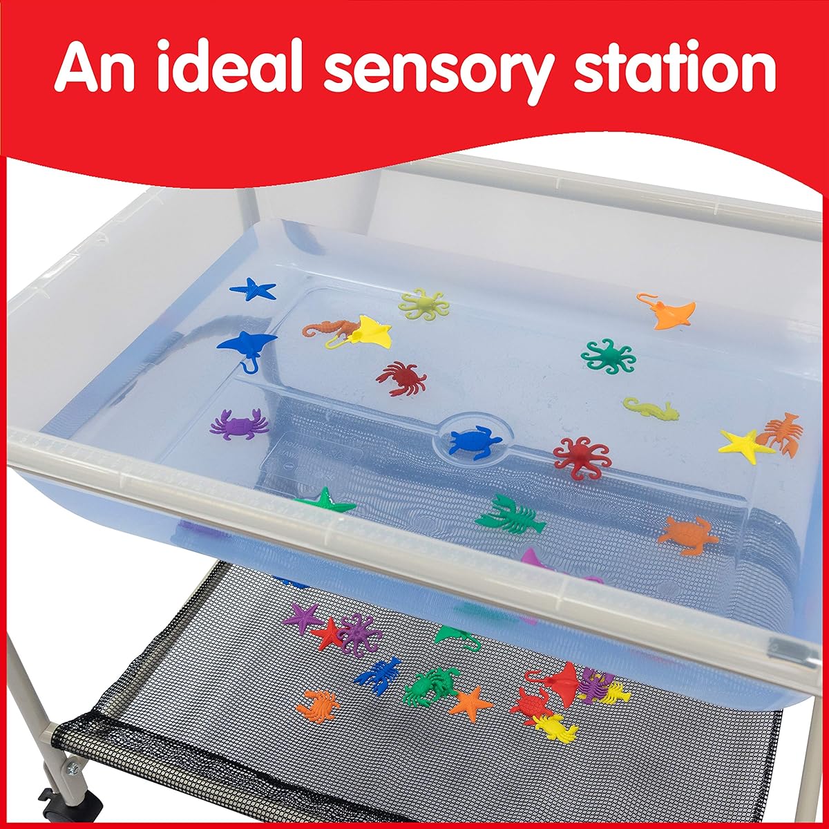 edxeducation Desktop Water Tray and Stand - Toddler Supplies for Outdoor Sensory Play - 23" Tall - Sand and Water Table - Lockable Casters and Shelf
