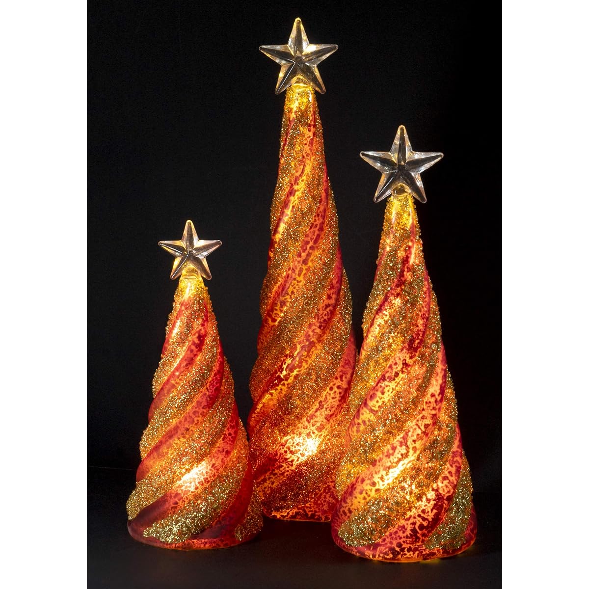 Red Co. Glass Christmas Tree Ornaments Gold and Red Light Up Holiday Season Decoration 11" 9.5" 8" Set of 3