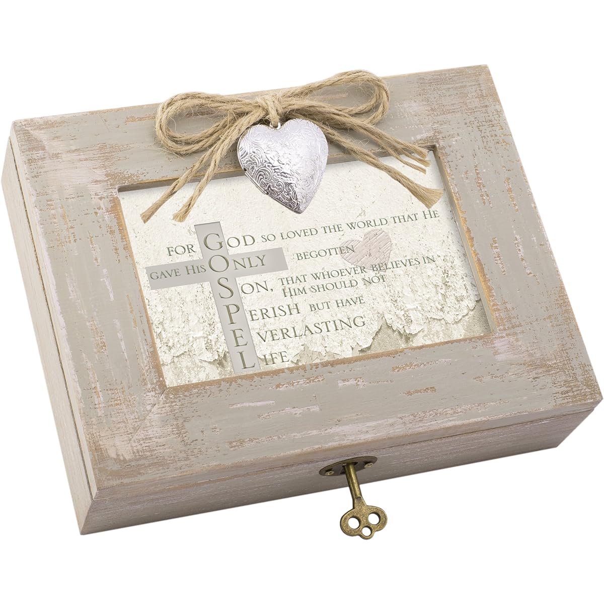For God So Loved Distressed Wood Locket Jewellery Music Box Plays Tune We Have a Friend in Jesus