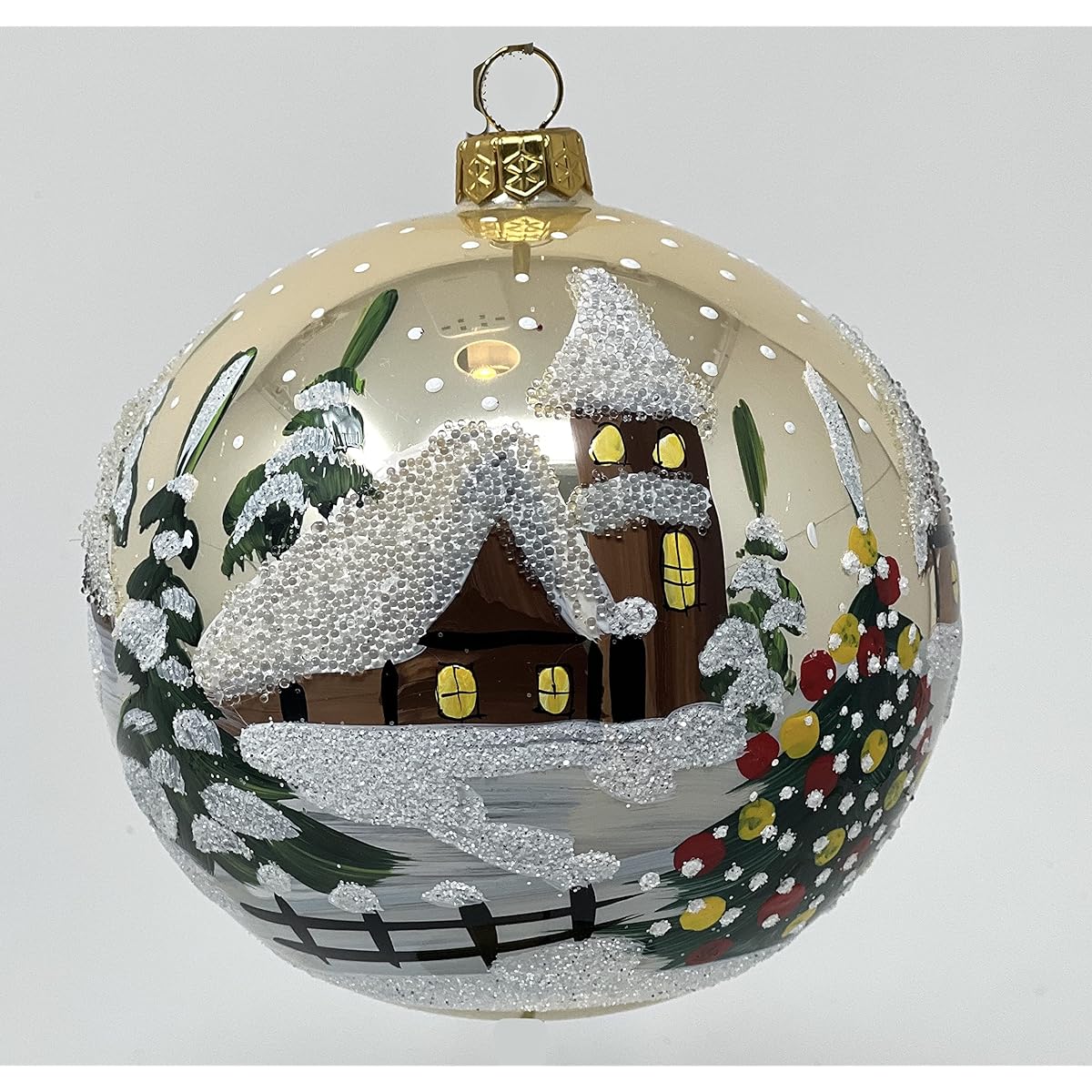 Polish Gallery Christmas Ornaments Winter Cottage Blown Glass Ball 5" (Champagne Polish, 120mm)