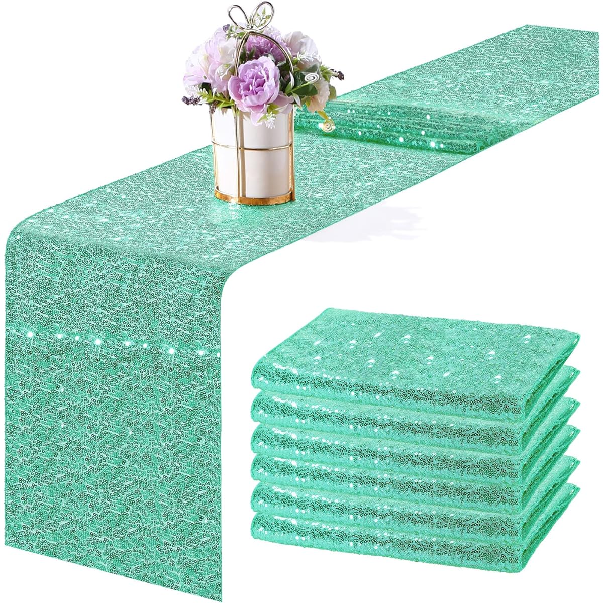 Tudomro 6 Pieces 12 x 108 Inch Mint Green Sequin Table Runner Wedding Glitter Table Runner Metallic Mint Green Tablecloth for Wedding Party Baby Bridal Shower Decorations