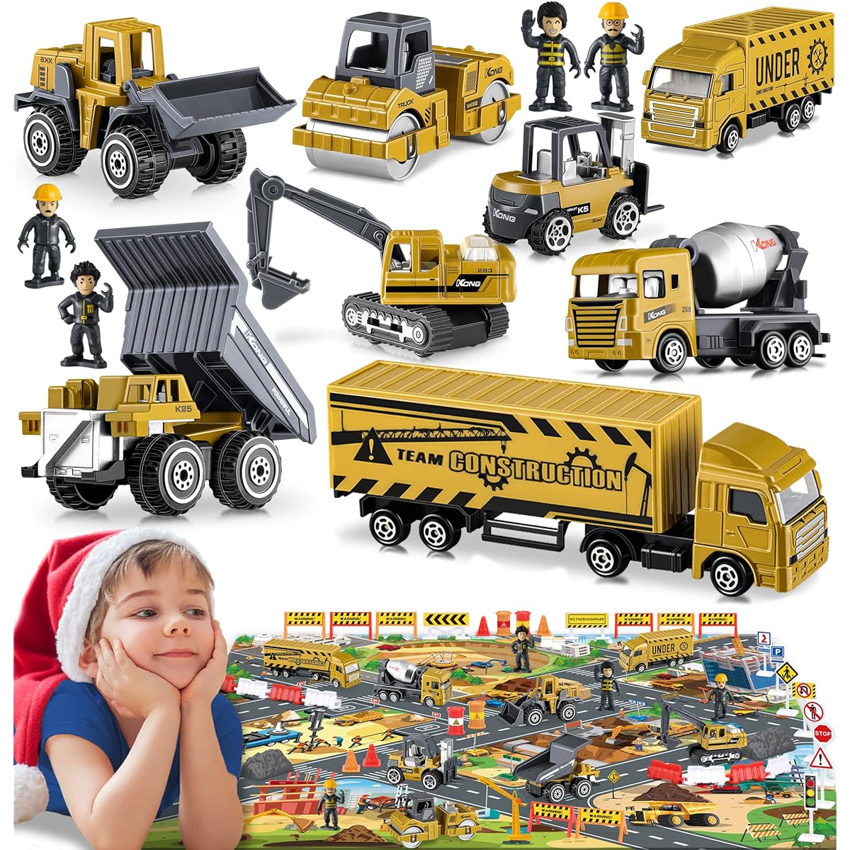 Construction Vehicle Toys for Kids, Construction Toys for Ages 3, 4, 5, 6 (49 Pieces) Mini Diecast Construction Site Set with Cars, Semi-Trailer, Sandbox, Dump Truck, Ages 3+