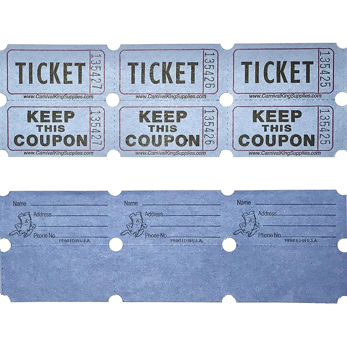 100 Blue Color Raffle Tickets Double Roll 50/50 Carnival Fair Split the Pot of 100 Consecutively Numbered Fundraiser Party Door Prize Drawing Perforated Stubs