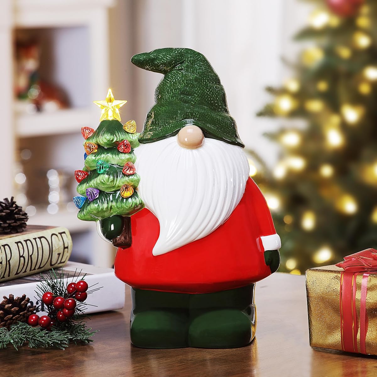 Mr. Christmas Medium Ceramic Figurine 11" Gnome Christmas Decoration, Multi