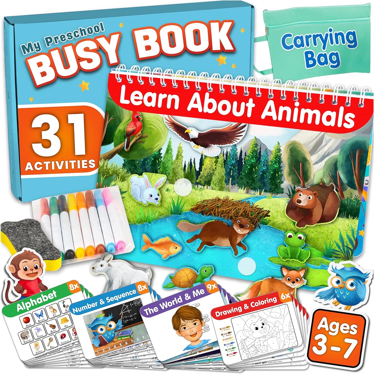 A busy book for 2-4 year olds - 31 activities that develop numbers, patterns, spatial sense, literary skills and real-world connections. Learn through play with interactive and independent activities.