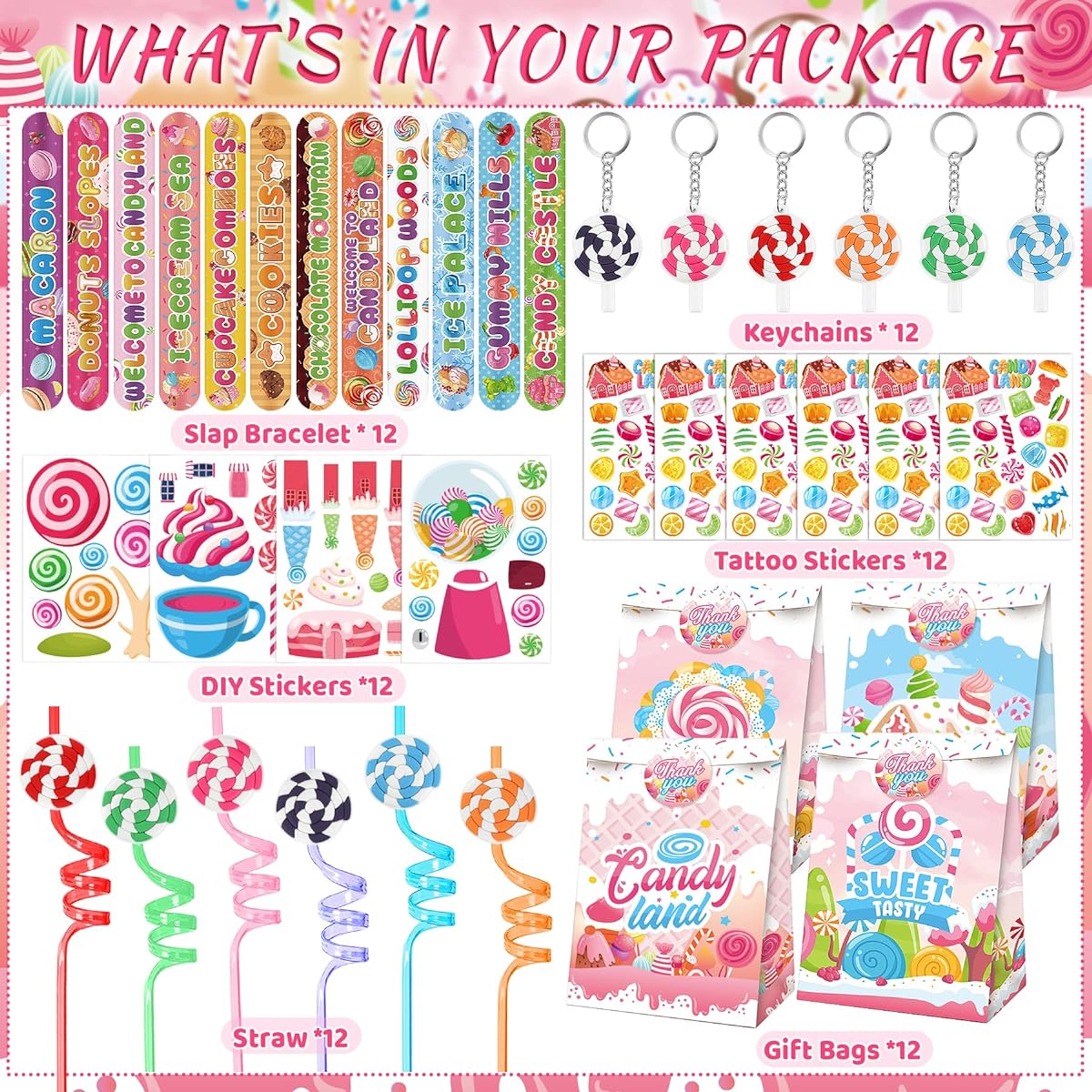Candyland Party Favors 72pcs Candy Themed Keychains, Slap Bracelets, DIY Stickers, Tattoo Stickers, Straws, Good Treats, Candy Bags for Kids Girls Birthday Party
