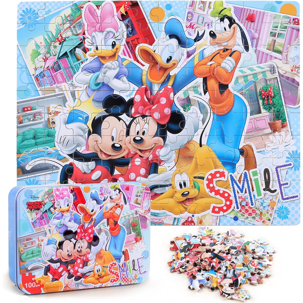 LELEMON Disney Mickey Mouse Puzzle for Kids Ages 4-8 Metal Box 100 Pieces Learning Education Puzzle for Kids Girls Boys (Mickey & Minnie)