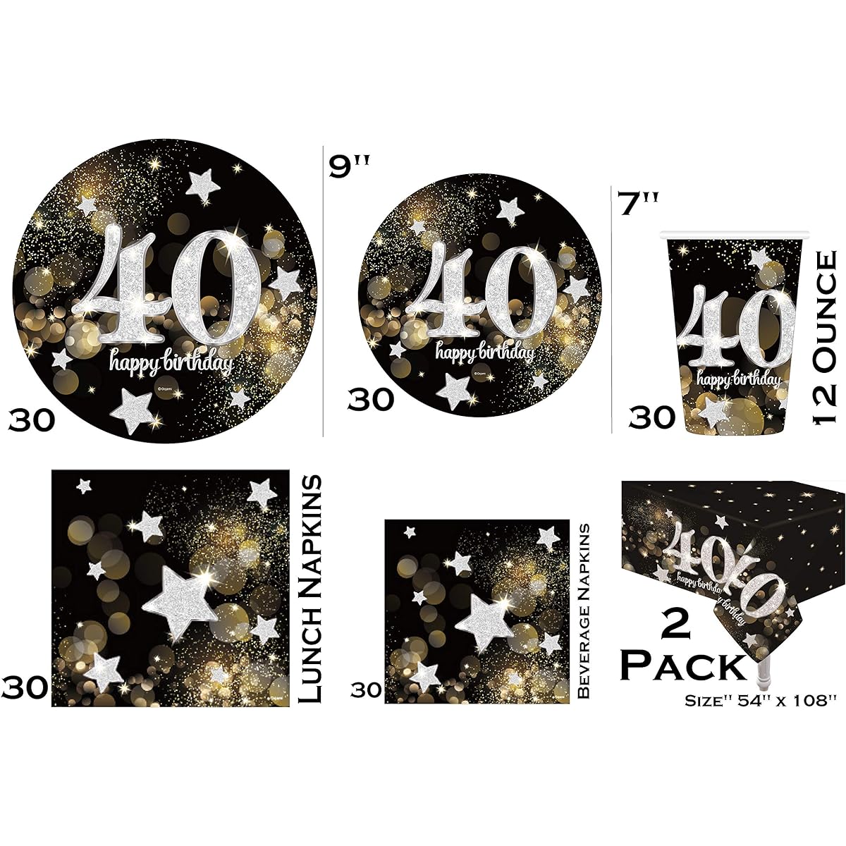 Serves 30 | Essential Party Pack for 40th Birthday | For 40th Birthday | 9" Dinner Paper Plates | 7" Dessert Paper Plates | 12oz Cups | 3-Ply Napkins | Cake Topper | Candles | Photo Props | Banner | Table Cover 40th Birthday Party Theme