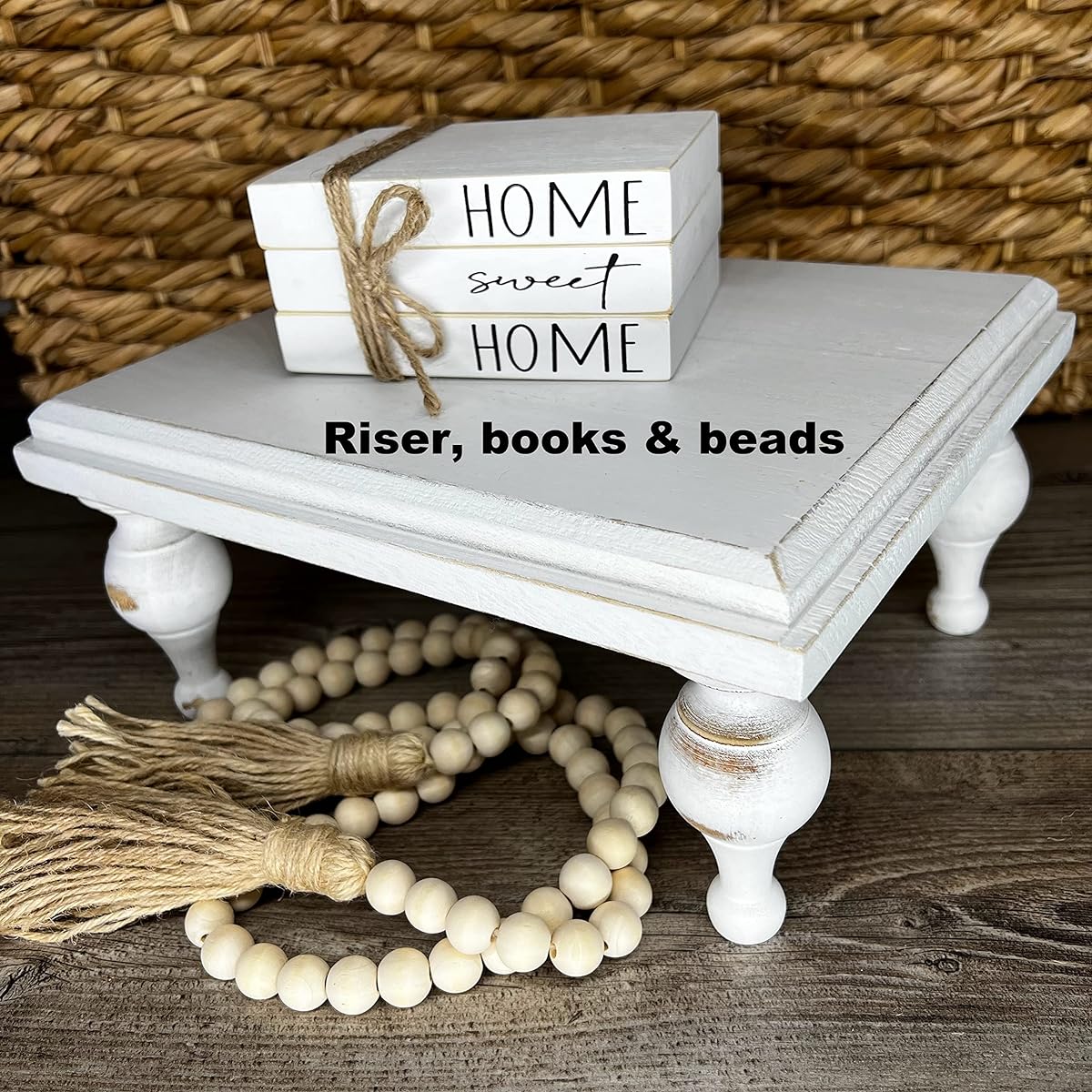 CS Chic but Shabby Fall 3 Piece Tiered Tray Decoration Set with White Wood Risers 58" for Wood Bead Garland Fake Book Decor