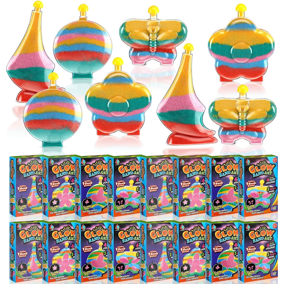 Wettarn 12 Set DIY Your Own Sand Arts and Crafts Kit with Glitter Sand Art, Glow in the Dark Colored Sand, Sand Bottle, Funnel and Sticks for Kids and Adults Activity Supplies