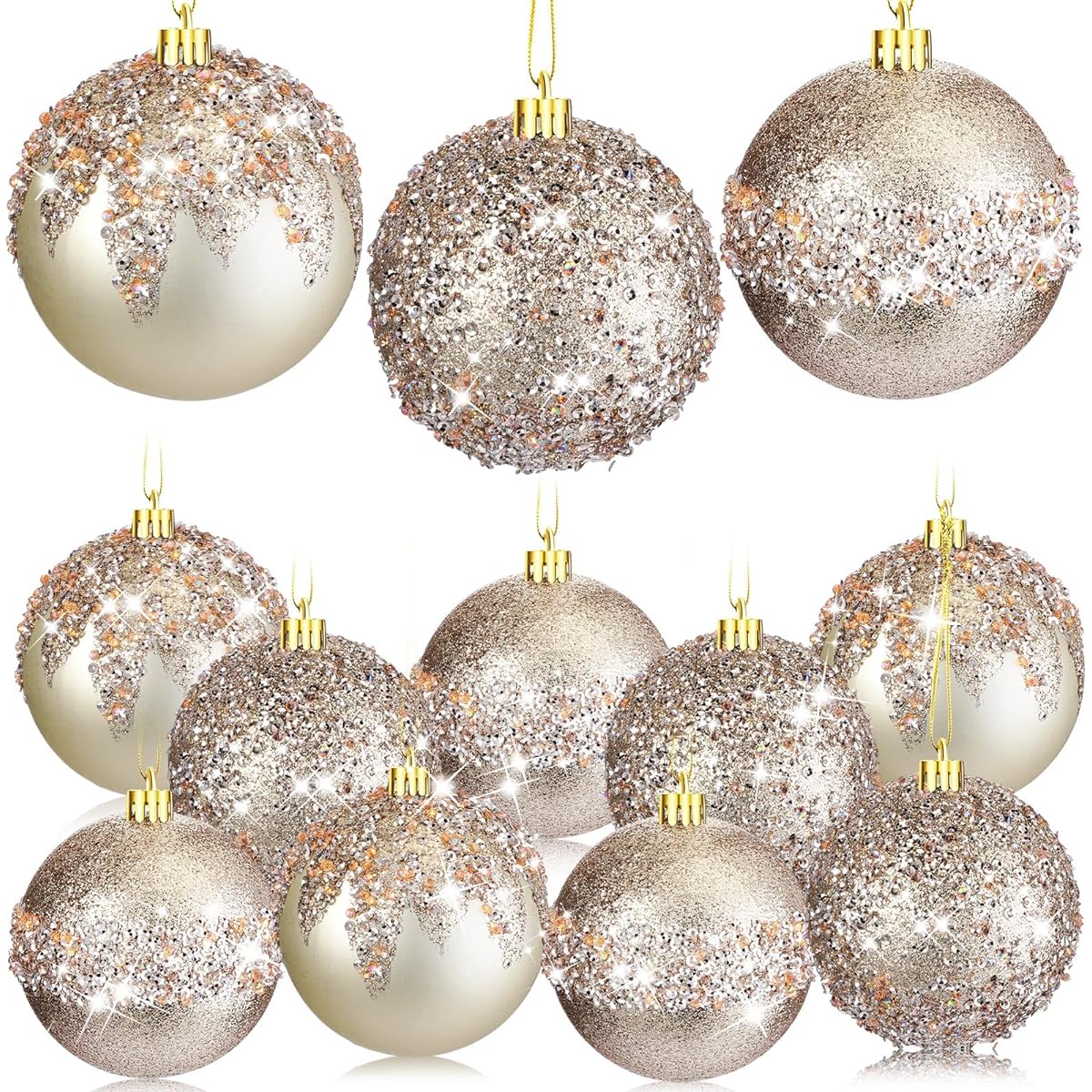 Syhood Glitter Christmas Ball Ornaments 12pcs 3.15'' Rhinestone Sequins Christmas Ball Decoration Hanging Plastic Balls for Christmas Tree Wedding Party Holiday Decorations (White)