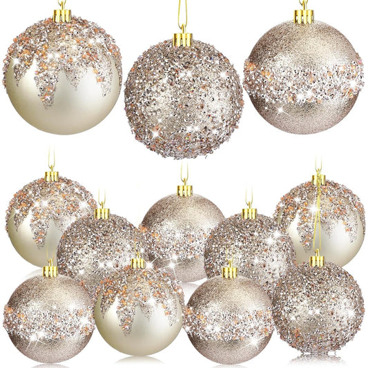 Syhood Glitter Christmas Ball Ornaments 12pcs 3.15'' Rhinestone Sequins Christmas Ball Decoration Hanging Plastic Balls for Christmas Tree Wedding Party Holiday Decorations (White)