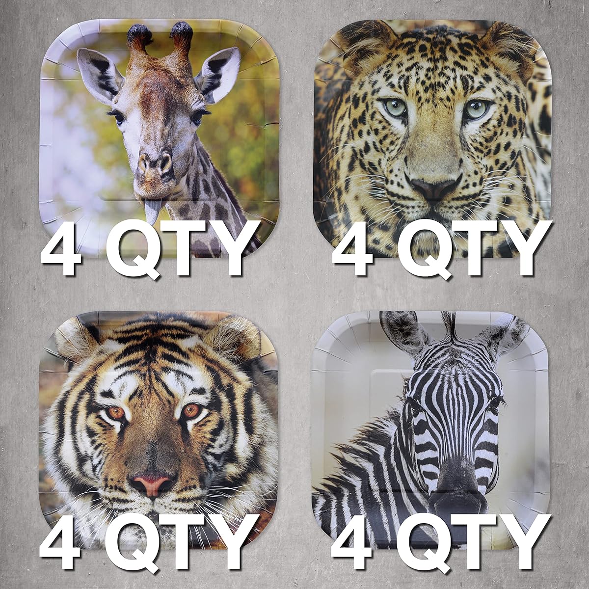 Havercamp Jungle Safari Party Plates - 24 dessert size paper plates! Real, lifelike jungle animal faces! High definition, photo-realistic details of majestic leopards, tigers, giraffes and zebras!