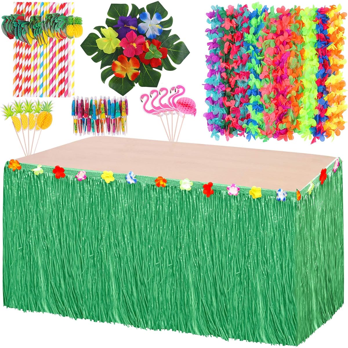 Elcoho Luau Glasses Table Skirt Set Hawaiian Party Decorations Luau Party Decorations Tropical Hawaiian Luau Flower Leis Party Favors
