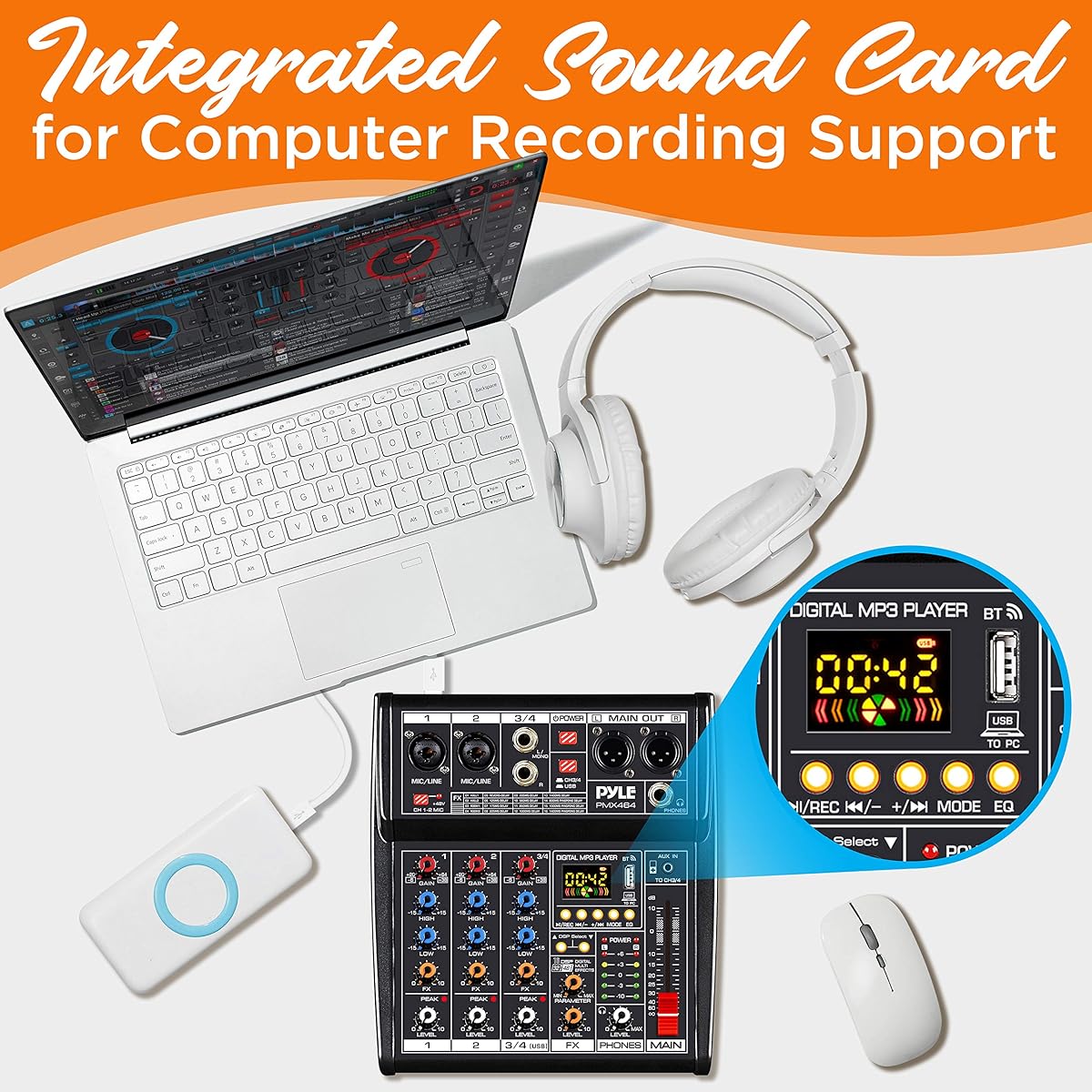 Pyle Professional DJ Audio Mixer Controller - 4 Channel DJ Controller Sound Mixer DSP with 16 Preset Effects USB Interface 2 XLR Mic/Line Inputs AUX FX Processor MP3 Player Headphone Jack PMX464