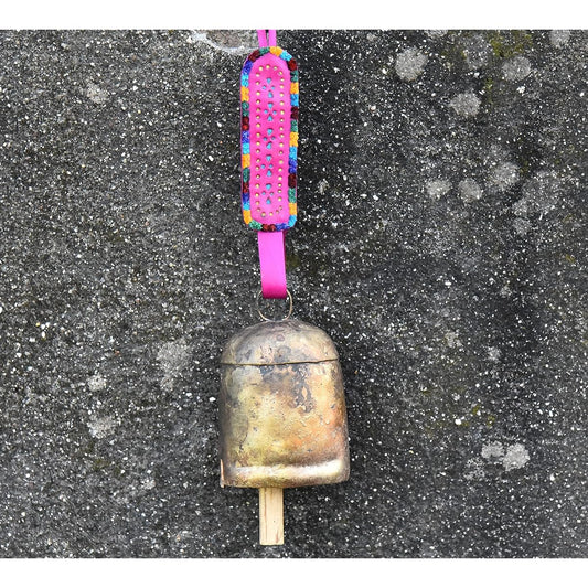 Vivanta Cowbell Noise Maker - Christmas Decoration Bell - Giant Harmony Cowbell and Farmhouse Wall Decor - Cow Decor Bell - Wall Hanging Decorative Witch Bells Leather Strap - Antique Vintage 6 Inch Pink Leather Strap