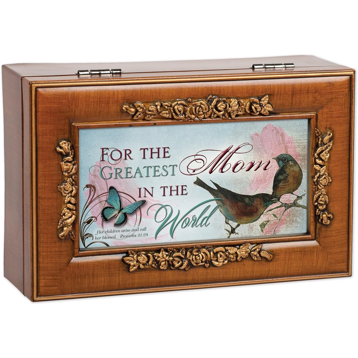 Greatest Mom Rich Walnut Finish Petite Jewelry Music Box - Plays Amazing Grace