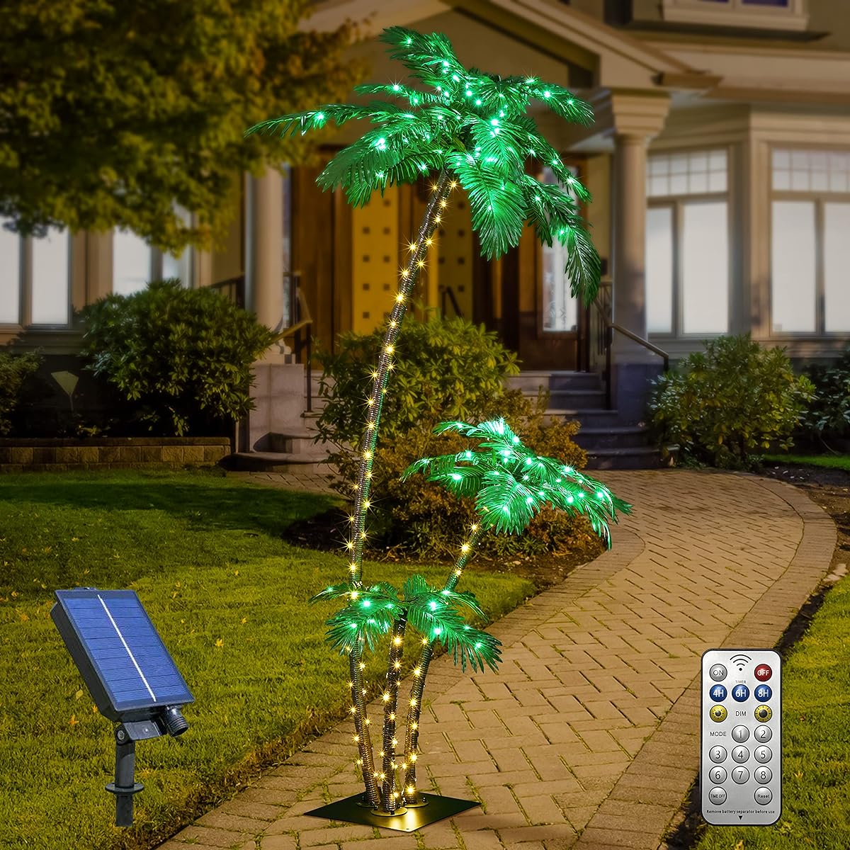 Solar Light Palm Tree 7ft 3ft 2ft Artificial Palm Tree for Outdoor with 218 LED Lights Fake Tree for Indoor Outdoor Patio Hawaiian Tiki Bar Decor