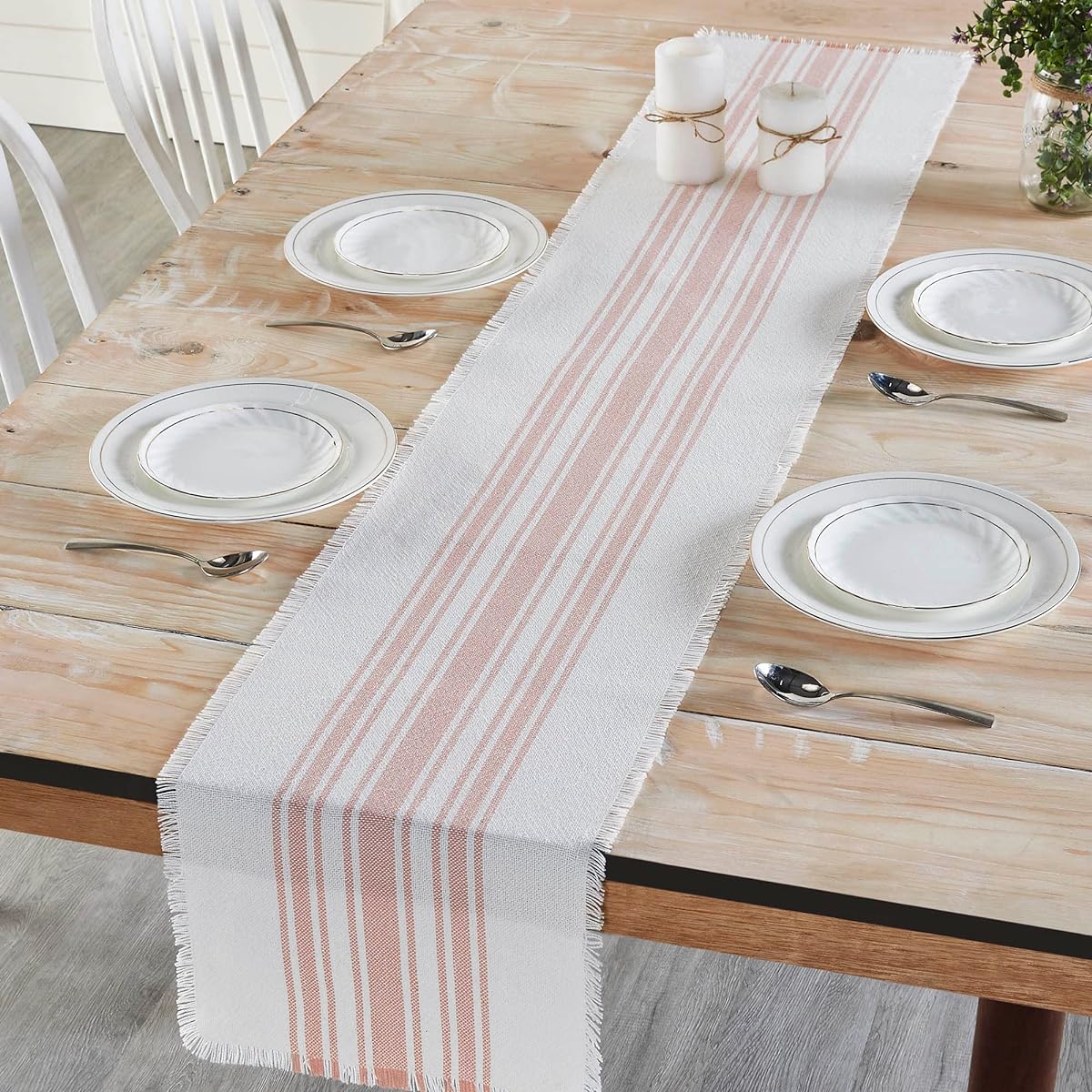 VHC Brands Antique White Striped Farmhouse 12"x72" Table Runner, Pink Recycled Plastic (PET) Striped Waterproof Rectangular Kitchen Table Decor