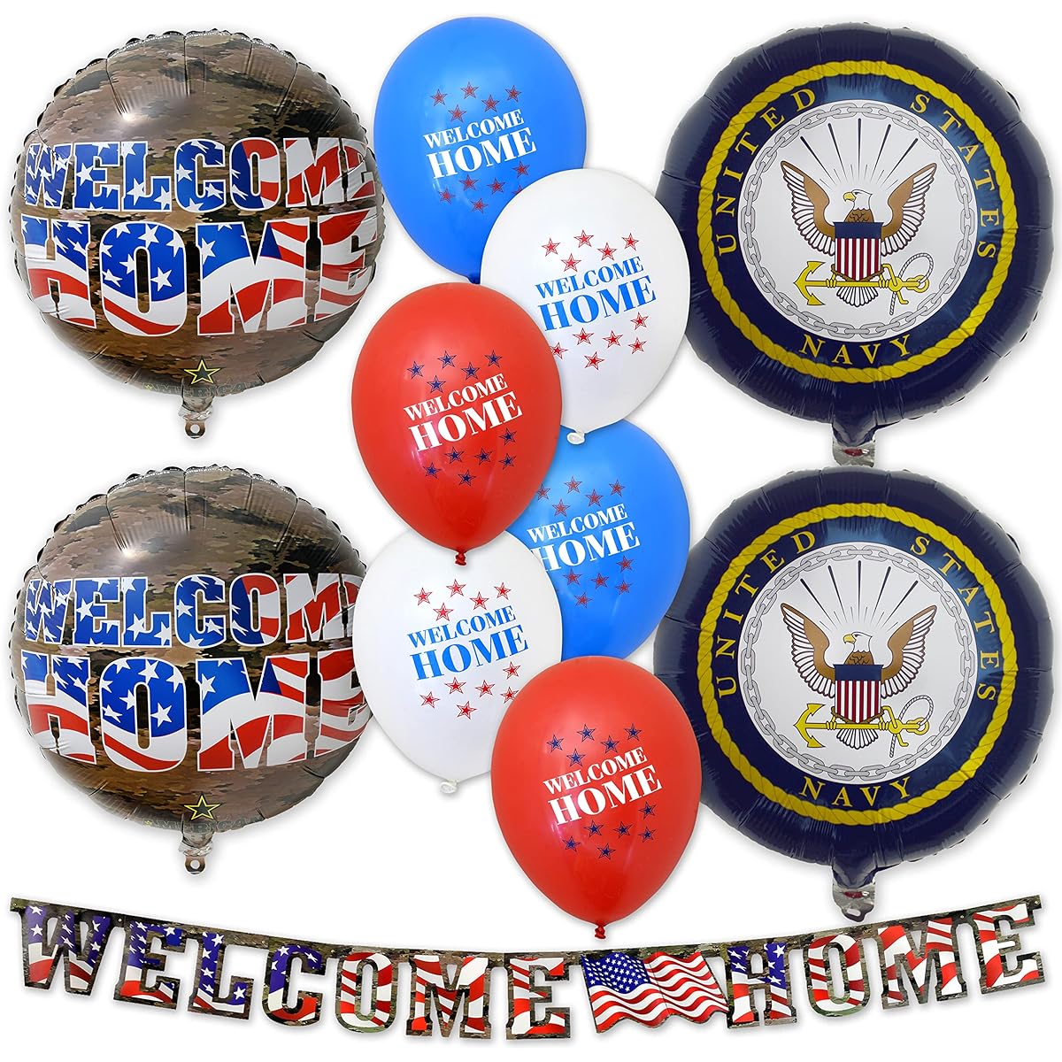 Harbor Camp US Navy Welcome Home Decoration Kit! Includes 1 Welcome Home Banner, 2 Mylar & 6 Latex "Welcome Home" Balloons, and 2 US Navy Mylar Balloons Perfect for any patriotic event or homecoming.