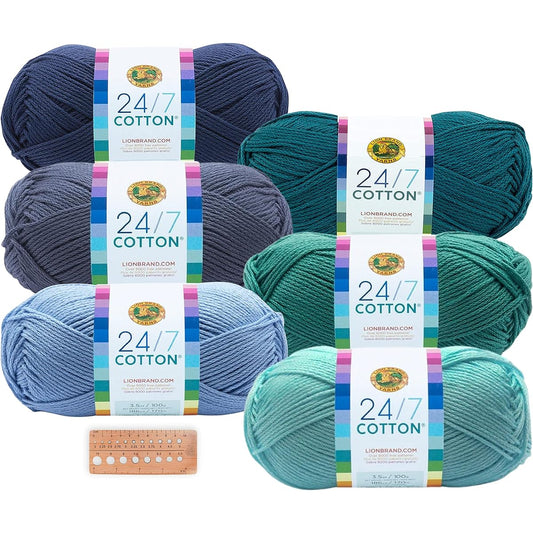 Lion Brand Yarn - 24/7 Cotton - 6 Skeins Assorted (Mix 2)