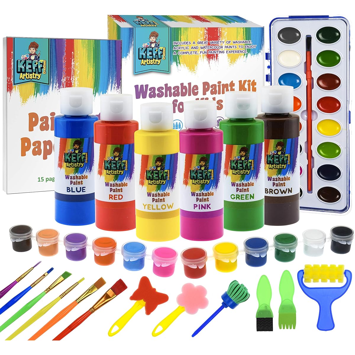 KEFF Children's Washable Finger Paint Set - Tempera Paints, Watercolors, Acrylic Pots, Sponges, Brushes, and Paper Pads for Kids and Toddlers - Non-Toxic Arts & Crafts Supplies