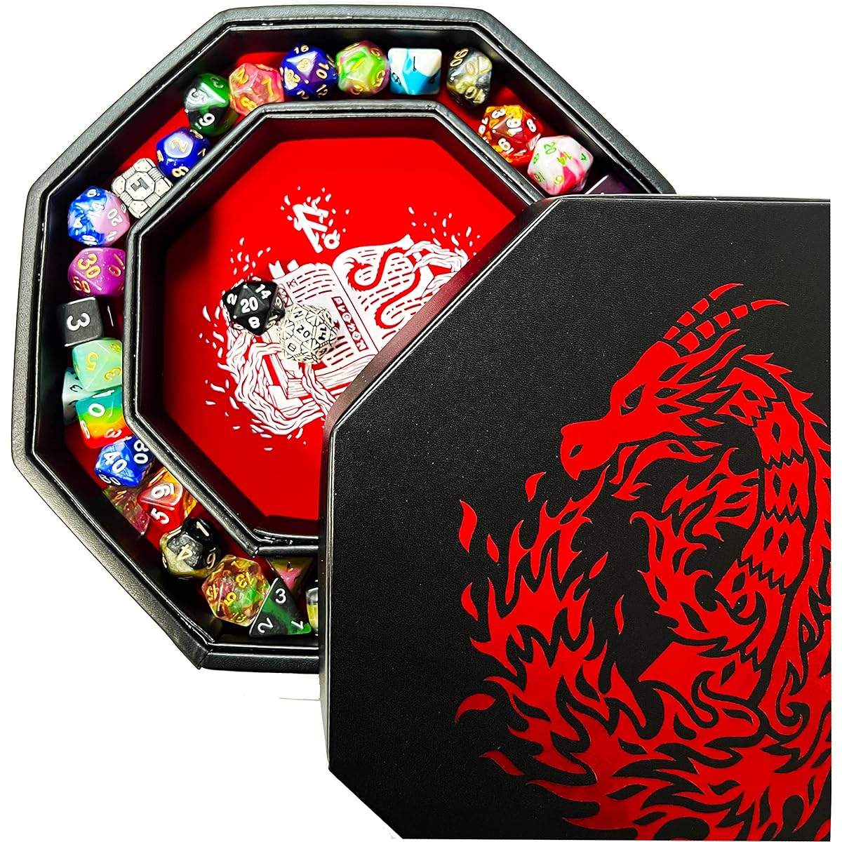 Fantasydice Book Shape Cheromatic/Red Fire Dragon Rolling Magic Book Tray for All Tabletop RPGs like D&D Call of Cthulhu, Shadowrun etc