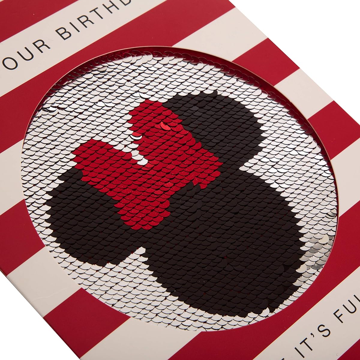 Hallmark Large Birthday Card Disney Minnie Mouse Die-Cut Sequin Design Red Black Orange Beige