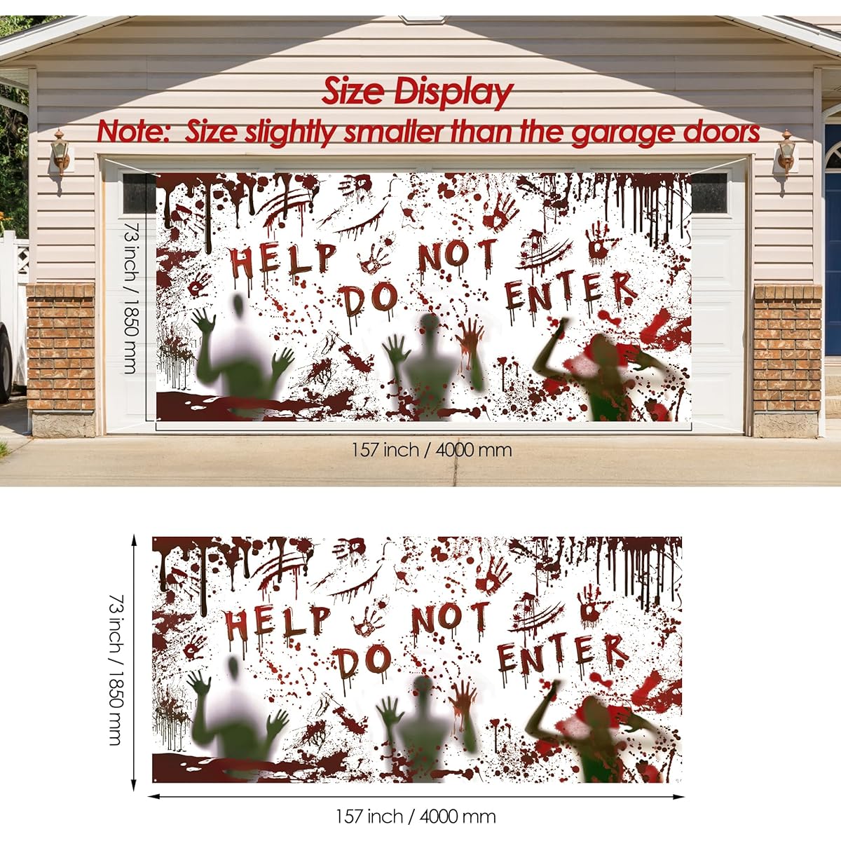 Halloween Garage Door Banner 6x13ft with Grommets, Bloody Background, Footprints, Handprints, Ghosts, Perfect for Halloween & Birthday Parties, Horror Style