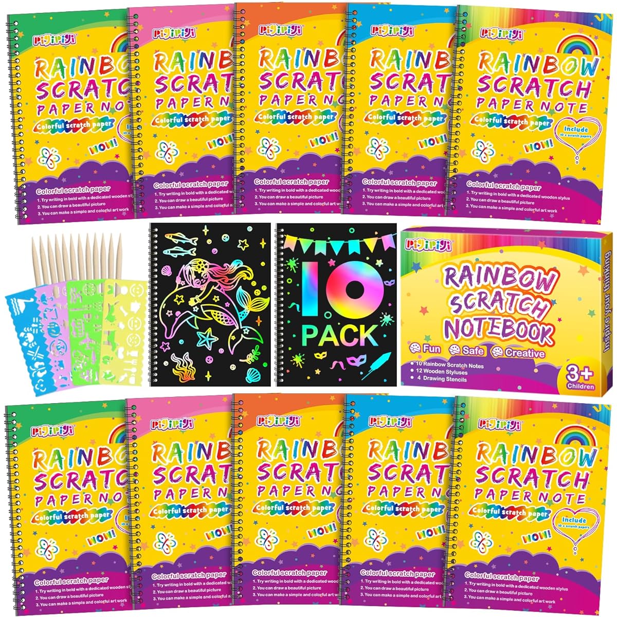 pigipigi Rainbow Scratch Notes for Kids - 10 Pack Magic Scratch Paper Bulk Black Art Paper Book Coloring Craft Toys for Boys Girls Art Set Party Favors DIY Toys Birthday Christmas Holiday Gifts