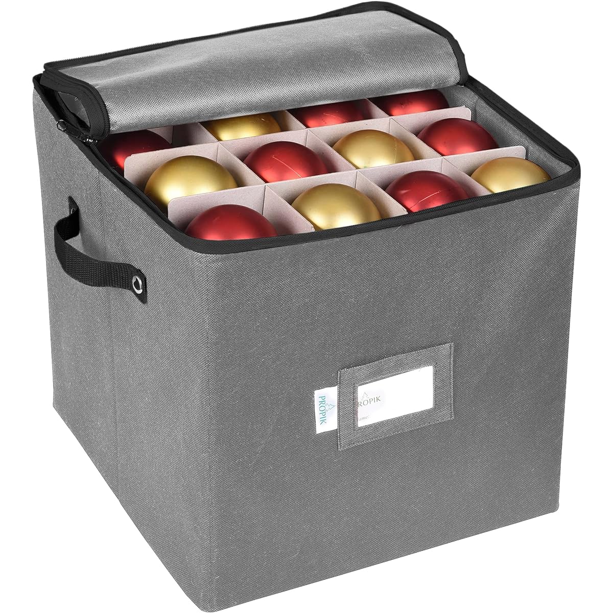 ProPik Christmas Ornament Storage Box, 4 Tiers, Holds up to 64 Holiday Ornament Decoration Balls, Dividers for 3" Bulbs, Durable Oxford Polyester Material (Grey)